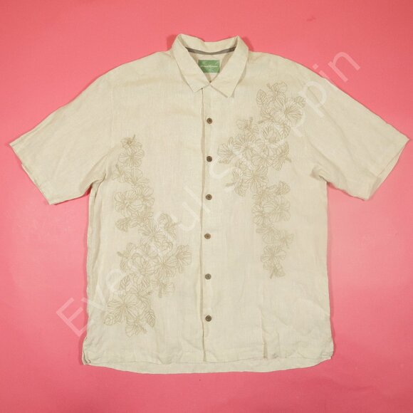 Tommy Bahama Linen Shirt Mens L Tan Embroidered Floral Camp - Picture 2 of 5